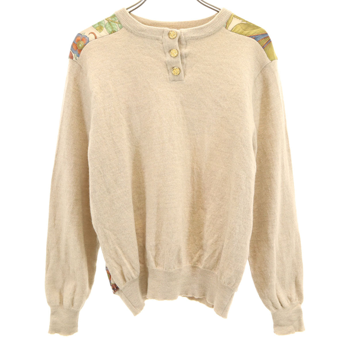Salvatore Ferragamo サルヴァトーレフェラガモ 90s イタリア製 オールド 花柄 長袖 シルク切替 ニット L ベージュ セーター レディース