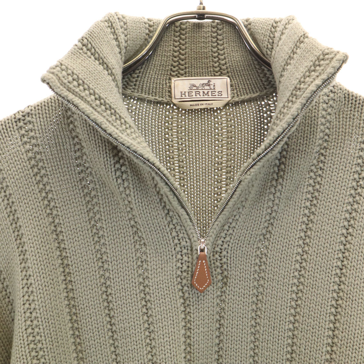 HERMES エルメス イタリア製 長袖 ハーフジップ ニット L グリーングレー セーター メンズ