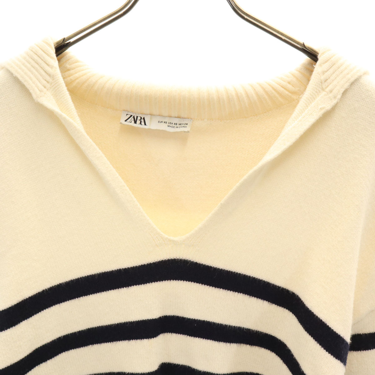 ZARA ザラ ボーダー 長袖 Vネック セーター XS オフホワイト ニット レディース