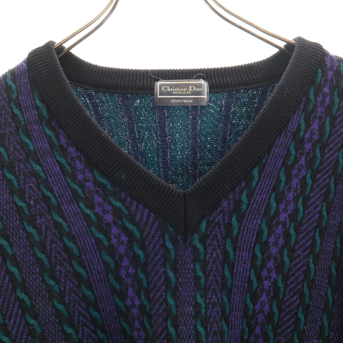 Christian Dior MONSIEUR クリスチャンディオール ムッシュ 90s オールド ストライプ柄 長袖 Vネック セーター L パープル ニット メンズ