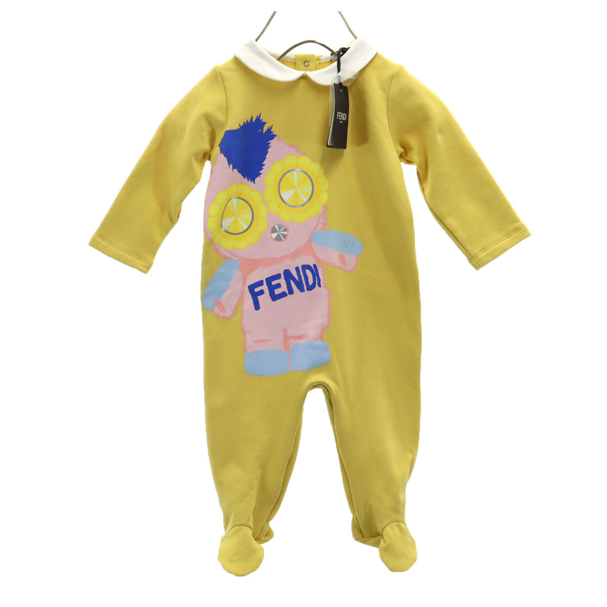 美品 FENDI フェンディ ポルトガル製 長袖 3点セット ロンパース ウェア 9M イエロー スタイ ビブ 箱付き キッズ
