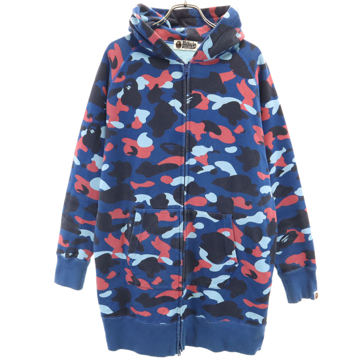 A BATHING APE アベイシングエイプ 日本製 カモフラ柄 長袖 スウェット ロング ジップパーカー S 青紺 迷彩 レディース