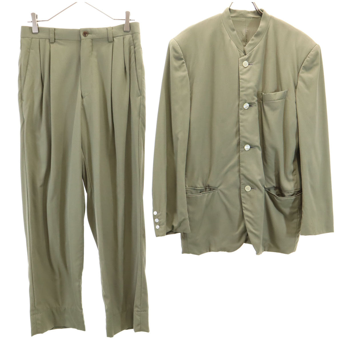 ISSEY MIYAKE イッセイミヤケ 80s 90s 日本製 オールド バンドカラー ジャケット 上下 セットアップ S オリーブ メンズ