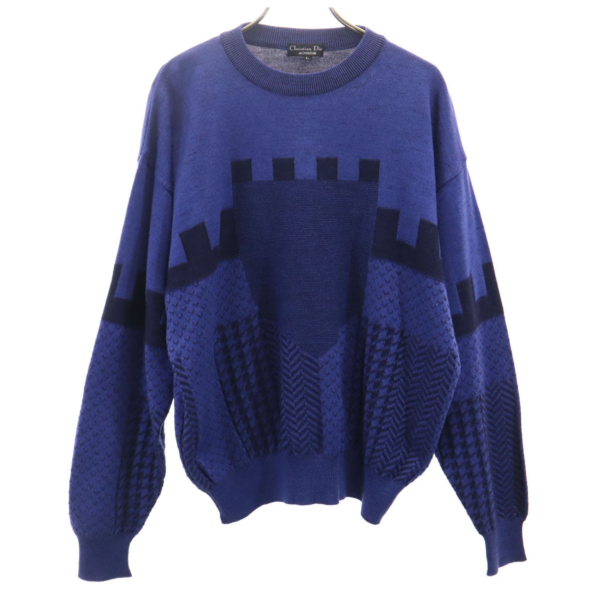 Christian Dior MONSIEUR クリスチャンディオール ムッシュ 90s オールド 総柄 長袖 ニット L 青紫 セーター メンズ