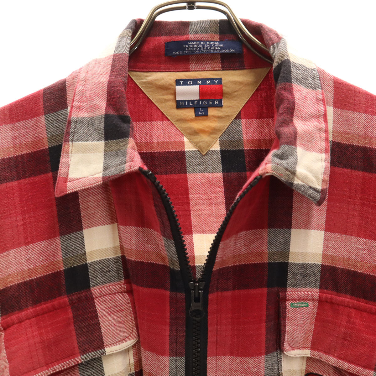 TOMMY HILFIGER トミーヒルフィガー チェック柄 長袖 ジップアップ ネルシャツ L レッド メンズ