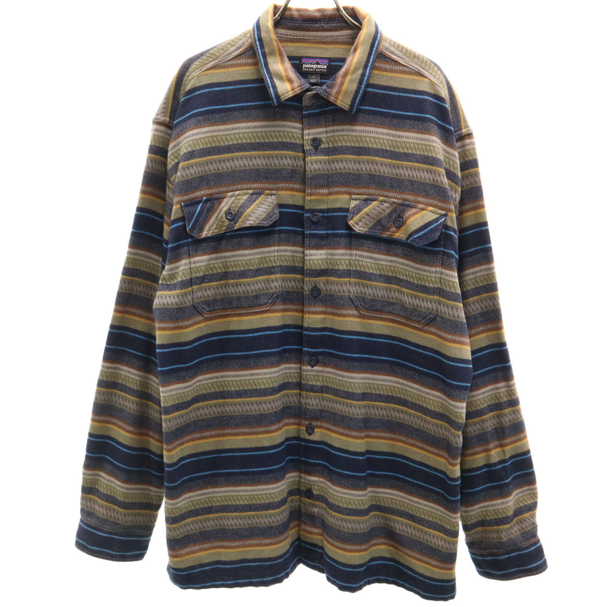 美品 patagonia パタゴニア ボーダー柄 長袖 フィヨルド ネルシャツ L マルチ 53947FA18 アウトドア メンズ