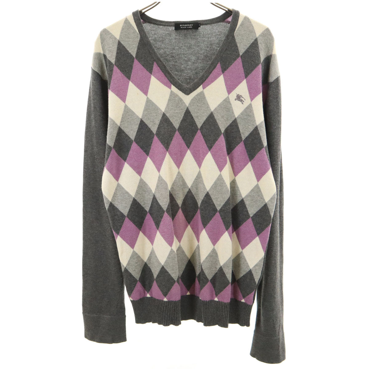 BURBERRY BLACK LABEL バーバリーブラックレーベル アーガイル柄 長袖 Vネック ニット 2 グレー セーター 三陽商会 メンズ