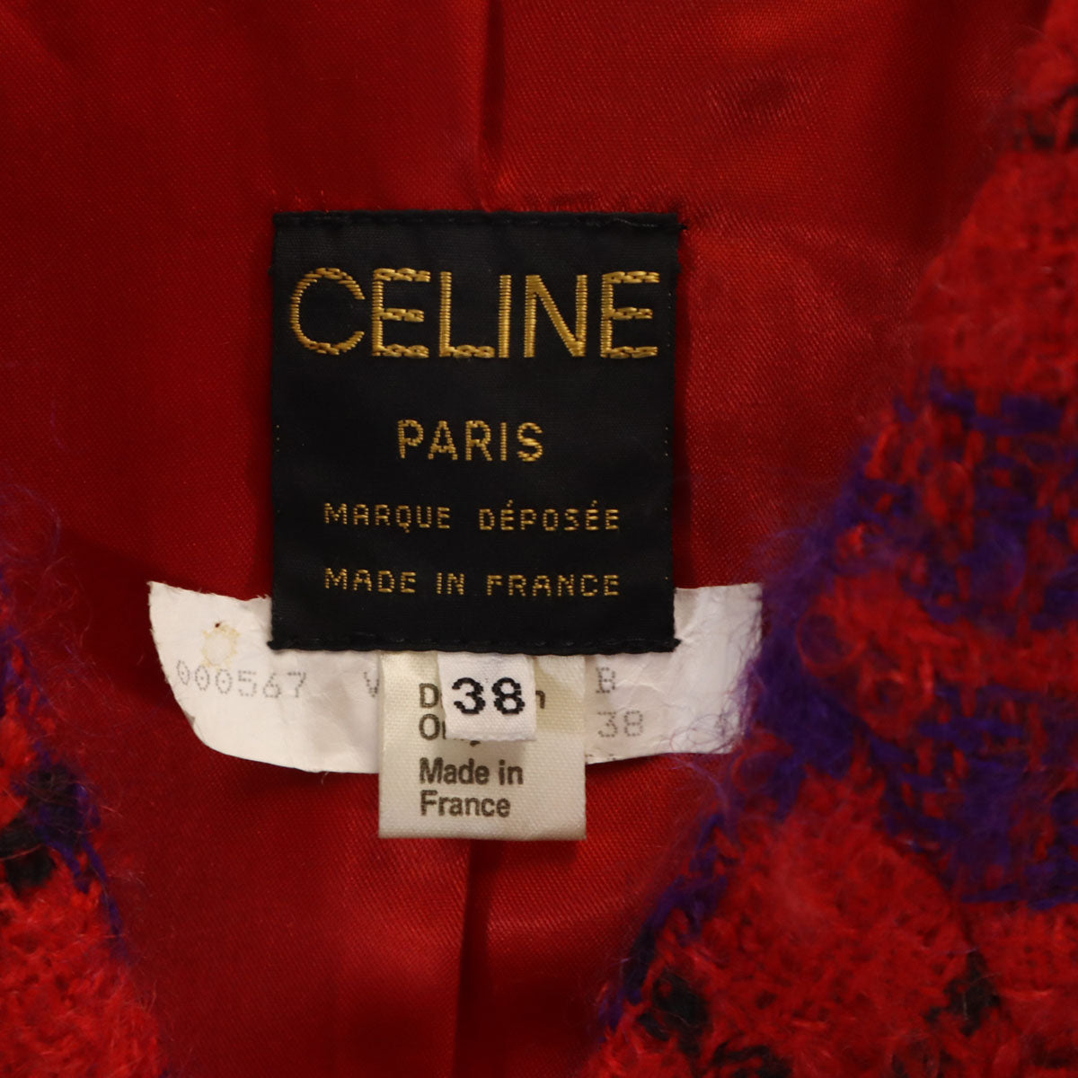 CELINE セリーヌ 80s フランス製 ヴィンテージ チェック柄 ツイード ダブル テーラードジャケット 38 レッド レディース