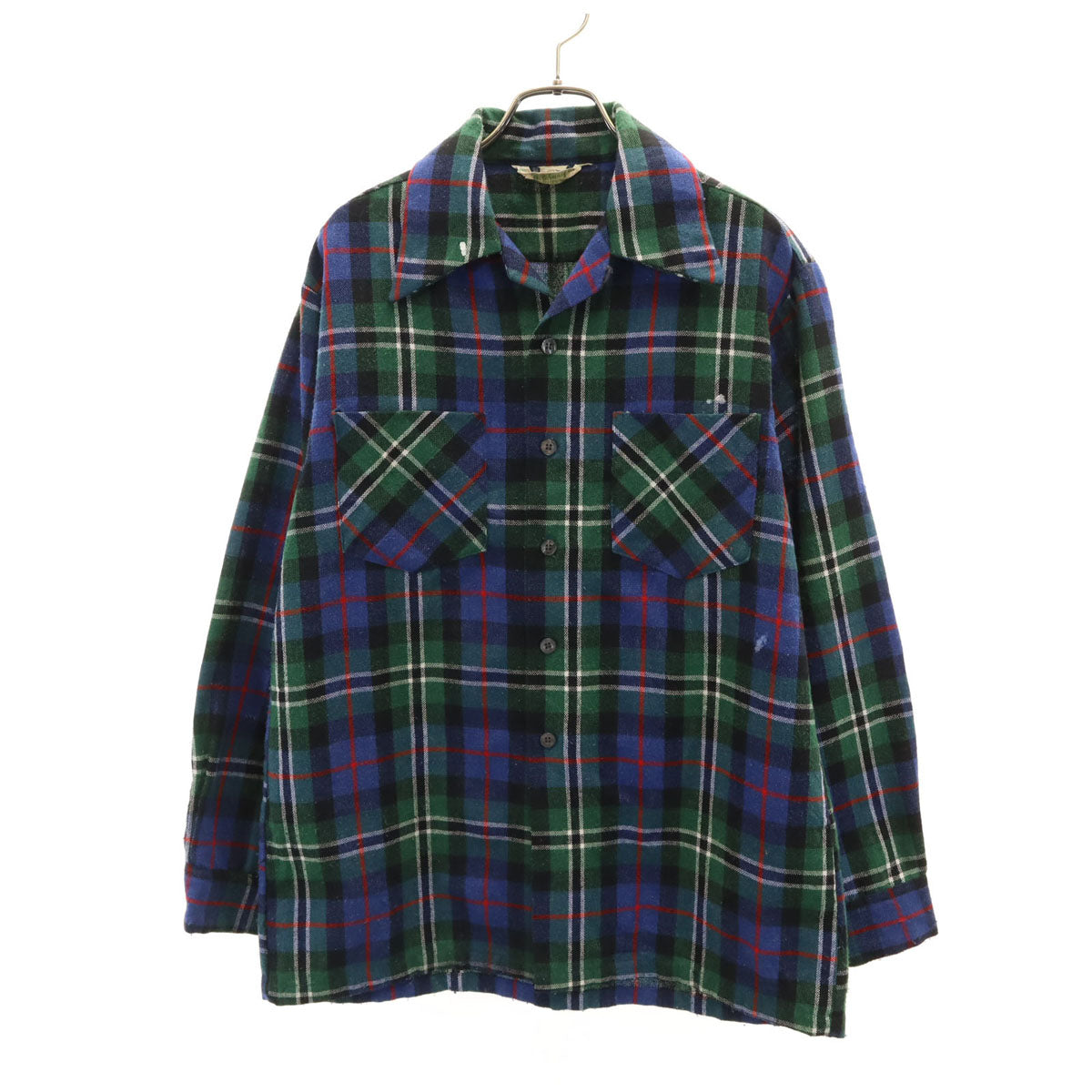 Dutchmaid ダッチメイド 60s 70s ヴィンテージ 開襟 オープンカラー チェック柄 長袖 ネルシャツ 32 1/2 ブルー メンズ