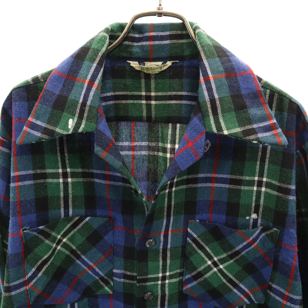 Dutchmaid ダッチメイド 60s 70s ヴィンテージ 開襟 オープンカラー チェック柄 長袖 ネルシャツ 32 1/2 ブルー メンズ