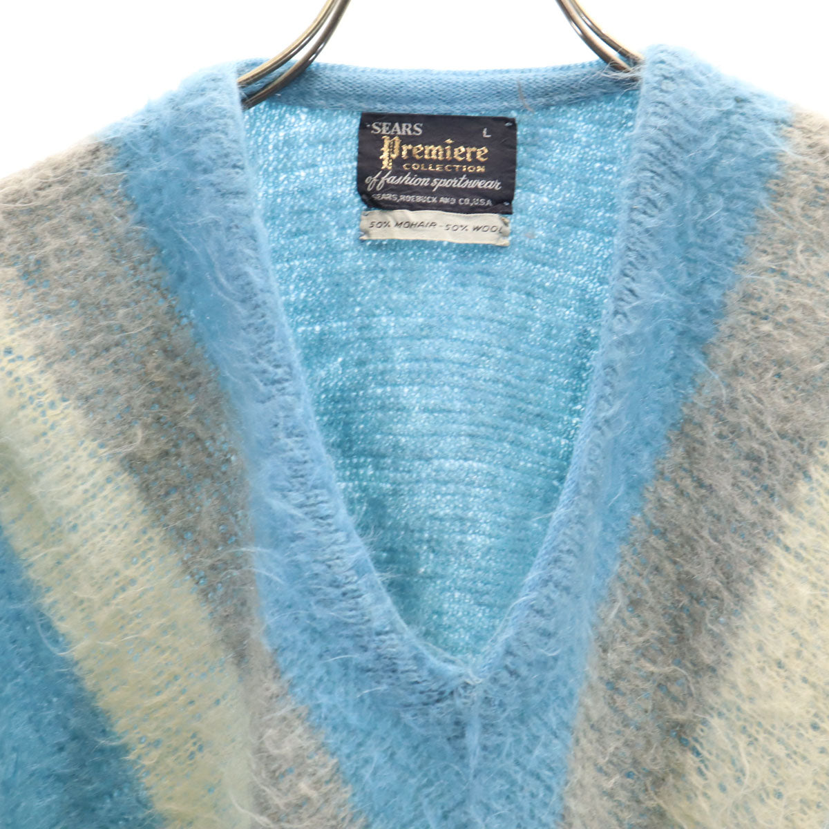 Premiere COLLECTION 60s ヴィンテージ 長袖 Vネック ニット L ライトブルー セーター メンズ
