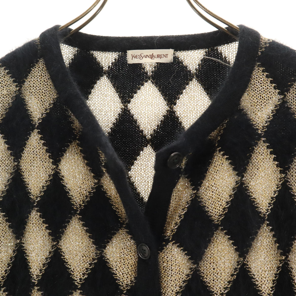 YVES SAINT LAURENT イヴサンローラン 90s オールド ダイヤ柄 長袖 ニットカーディガン 36 ブラック レディース