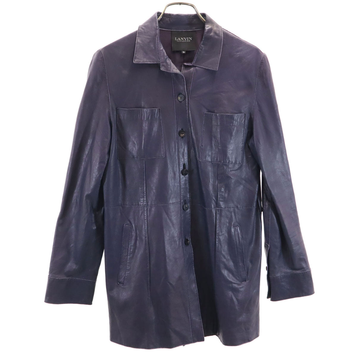 LANVIN LA COLLECTION ランバンコレクション 日本製 長袖 羊革レザー シャツ 38 ネイビー レディース