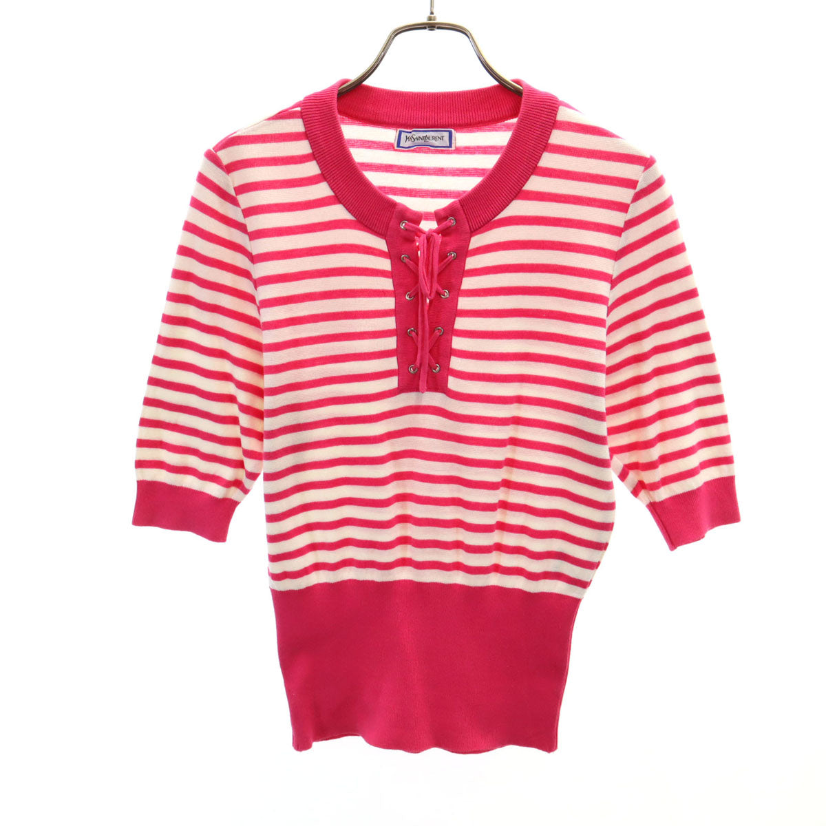 YVES SAINT LAURENT イヴサンローラン 90s オールド ボーダー柄 5分袖 ニット M ピンク レースアップ レディース