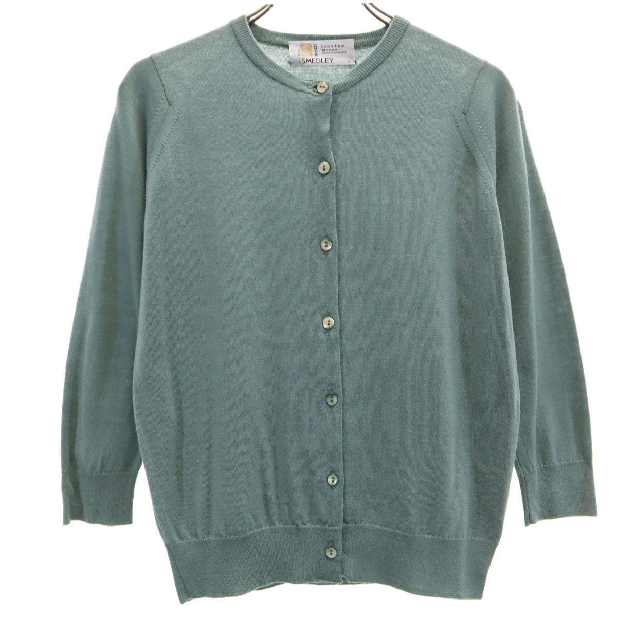 JOHN SMEDLEY ジョンスメドレー イングランド製 7分袖 ニットカーディガン S グリーングレー レディース