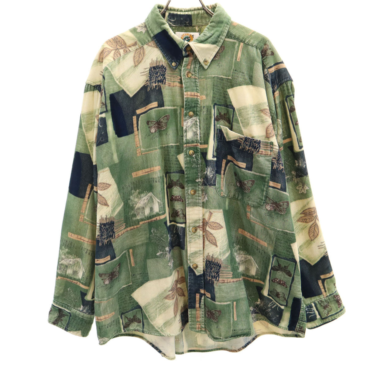 FIELD GEAR フィールドギア 80s ヴィンテージ プリントコーズ 総柄 長袖 コーデュロイ ボタンダウンシャツ L グリーン メンズ