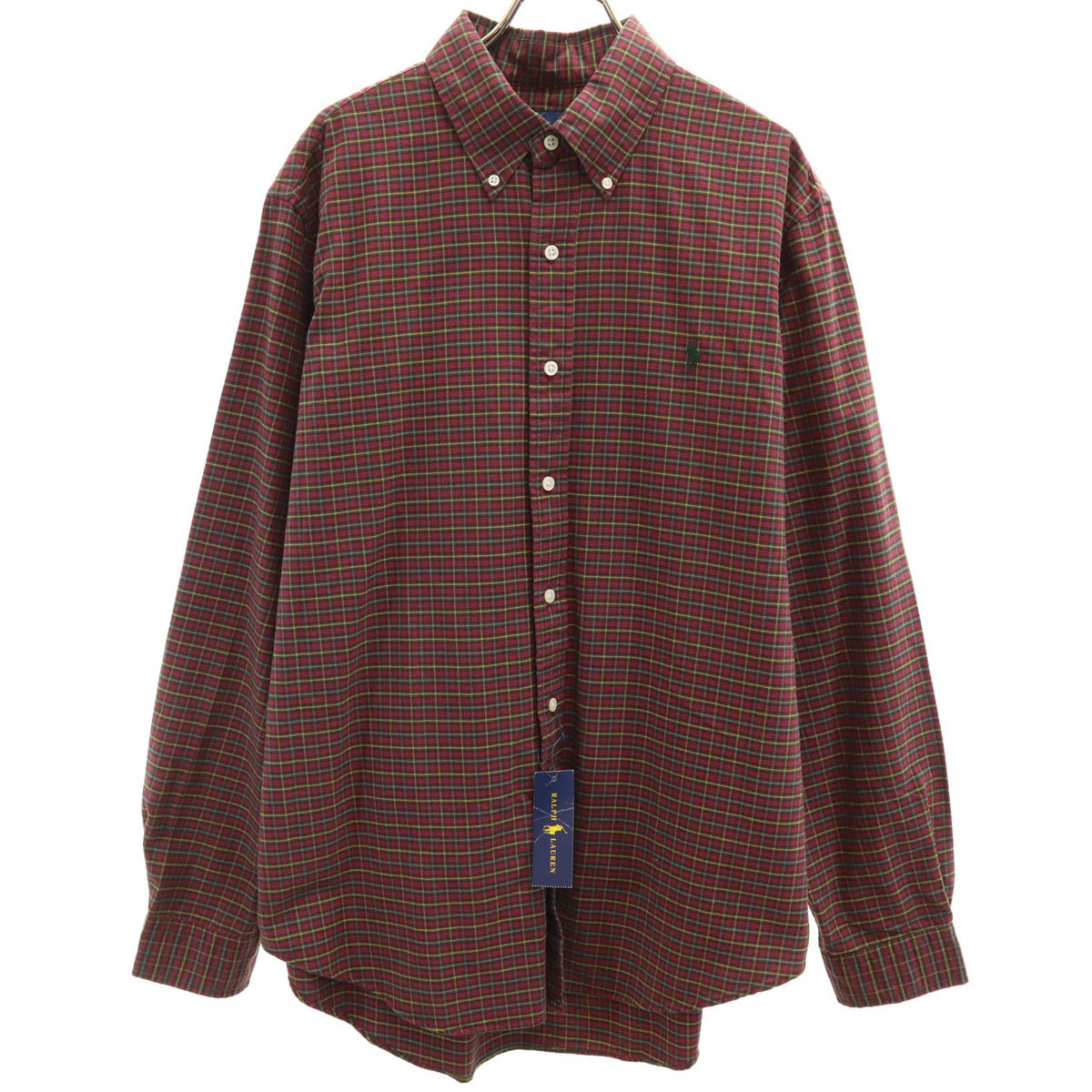 未使用 RALPH LAUREN ラルフローレン チェック柄 長袖 ボタンダウンシャツ L レッド系 メンズ