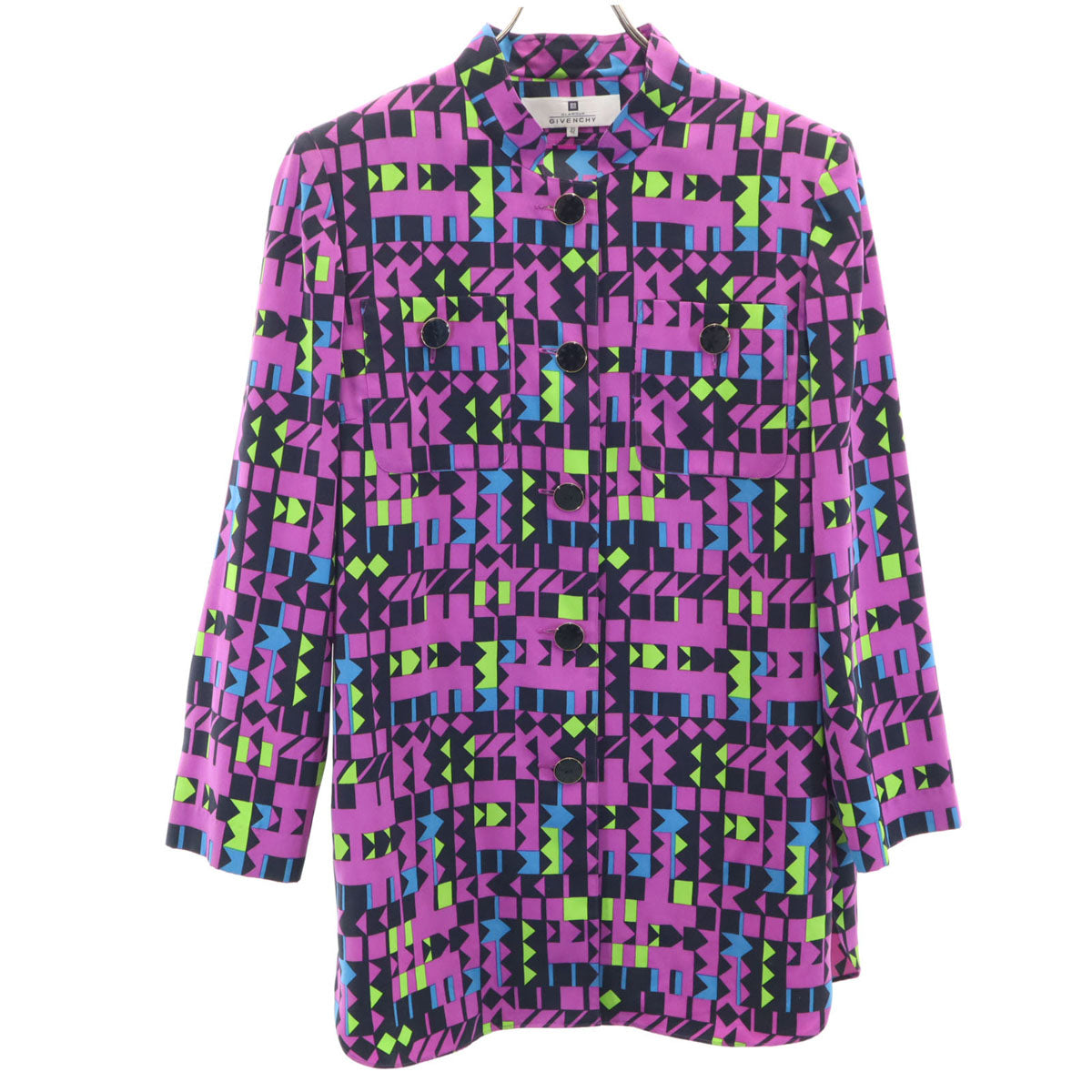 GIVENCHY ジバンシィ 90s 日本製 オールド 幾何学柄 長袖 オーバーサイズ シャツ 42 パープル 肩パッド付き レディース