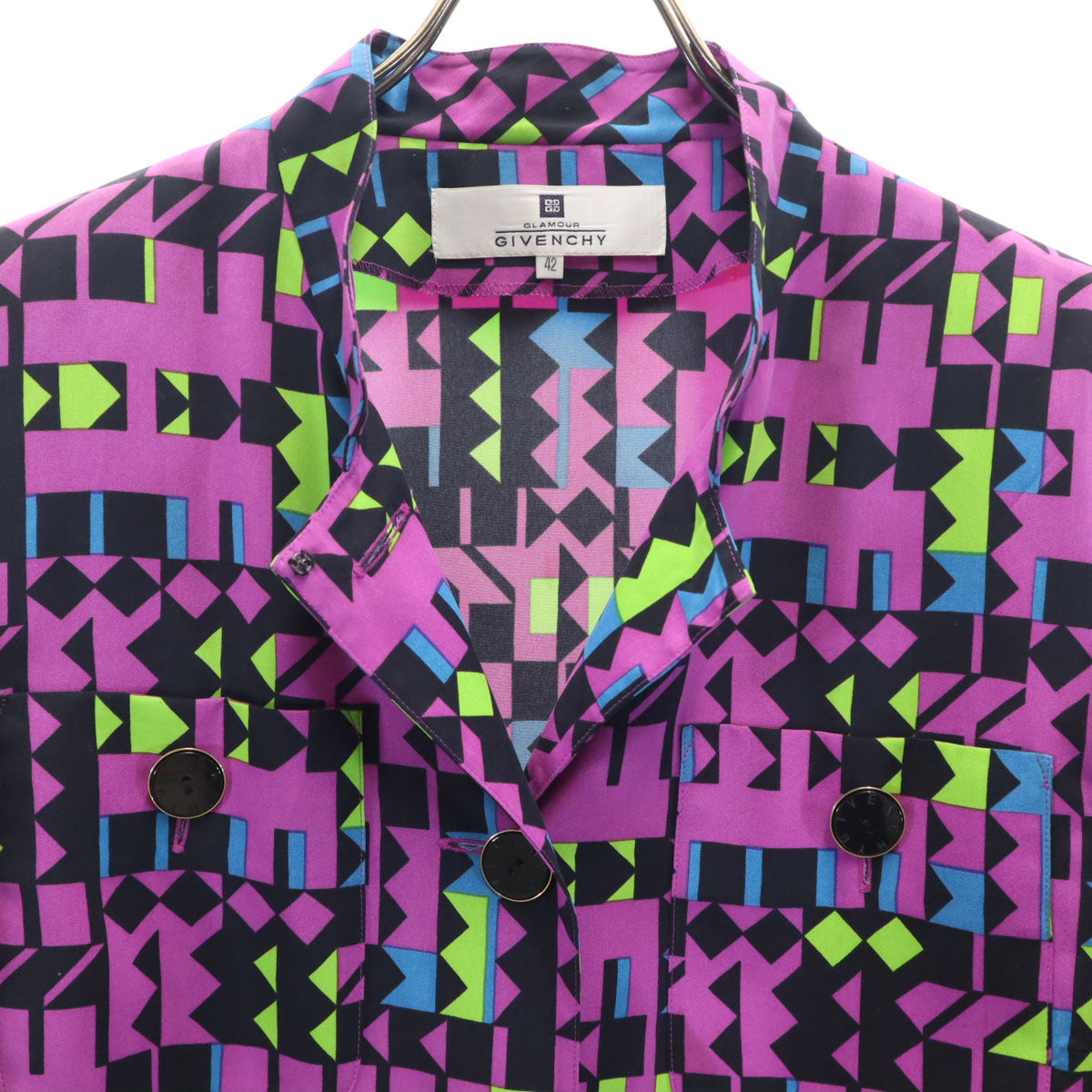 GIVENCHY ジバンシィ 90s 日本製 オールド 幾何学柄 長袖 オーバーサイズ シャツ 42 パープル 肩パッド付き レディース