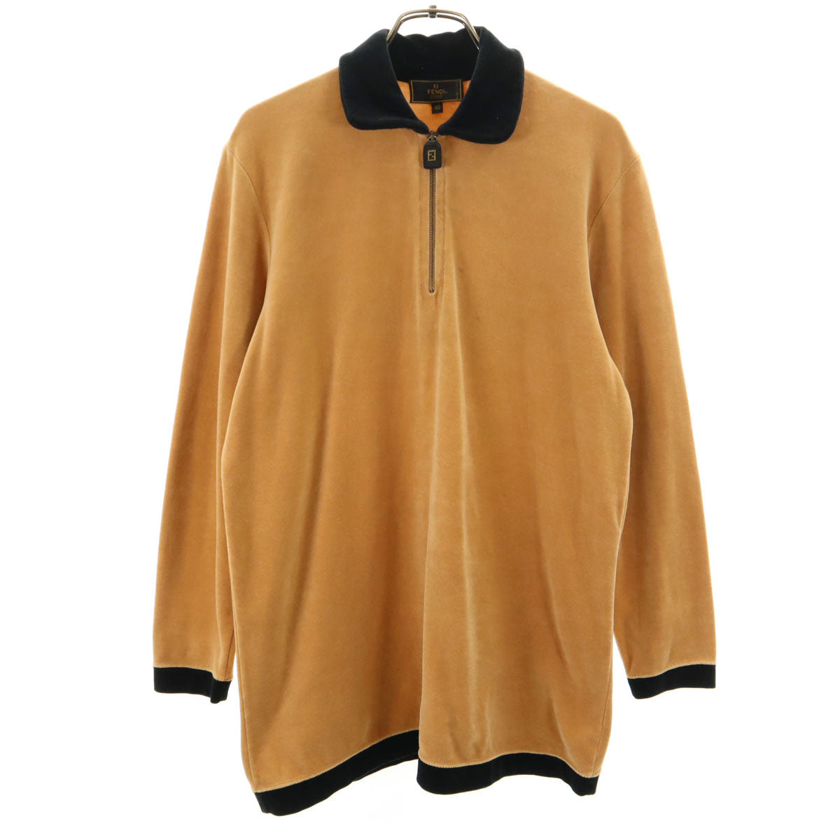 FENDI フェンディ 90s イタリア製 オールド バックプリント 長袖 ハーフジップ ベロア ポロシャツ 40 ブラウン メンズ