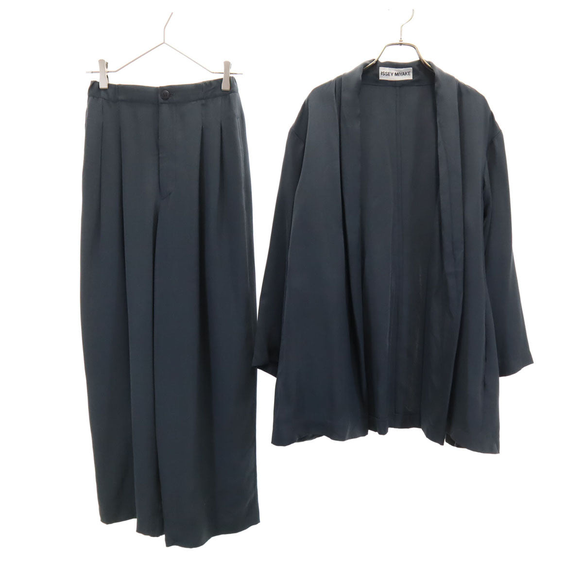 ISSEY MIYAKE イッセイミヤケ 80s 90s シルク 印テージ 長袖 ショールカラー カーディガン 上下 セットアップ M チャコールグレー レディース