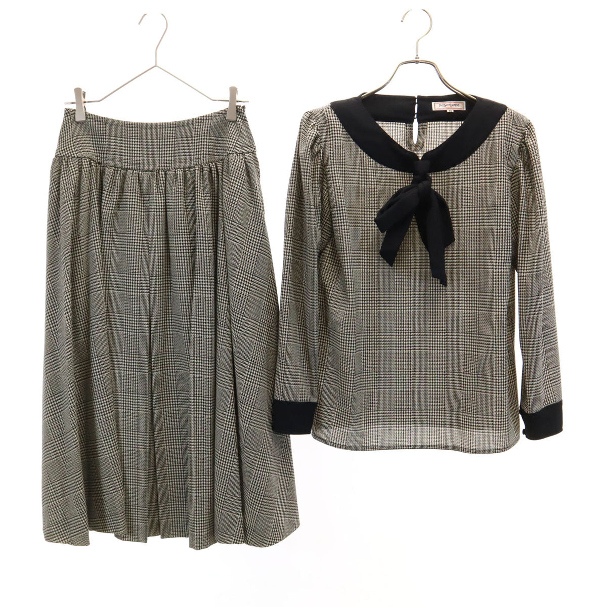 YVES SAINT LAURENT イヴサンローラン 80s 90s オールド グレンチェック柄 長袖 ブラウス 上下 セットアップ M ベージュ レディース