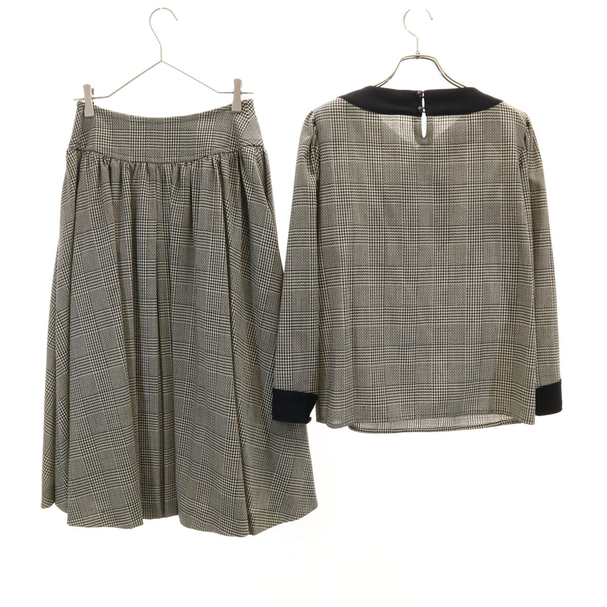 YVES SAINT LAURENT イヴサンローラン 80s 90s オールド グレンチェック柄 長袖 ブラウス 上下 セットアップ M ベージュ レディース