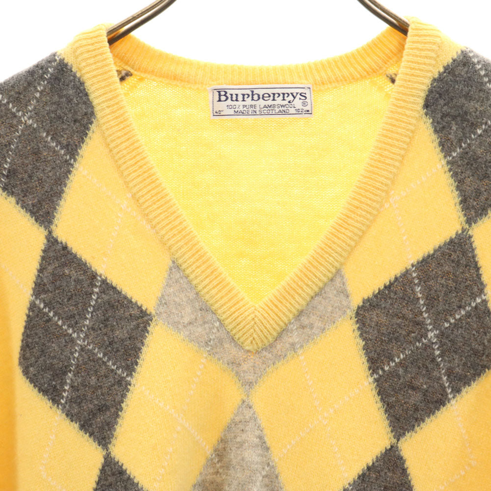 Burberrys バーバリーズ 90s スコットランド製 オールド アーガイル柄 長袖 Vネック セーター 40 イエロー ニット メンズ