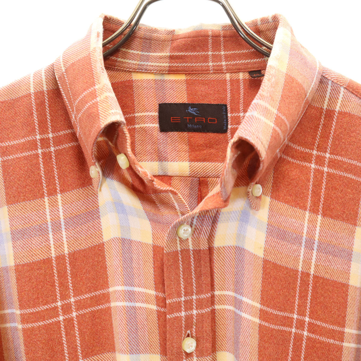 ETRO エトロ イタリア製 チェック柄 長袖 ボタンダウンシャツ 43 オレンジブラウン メンズ
