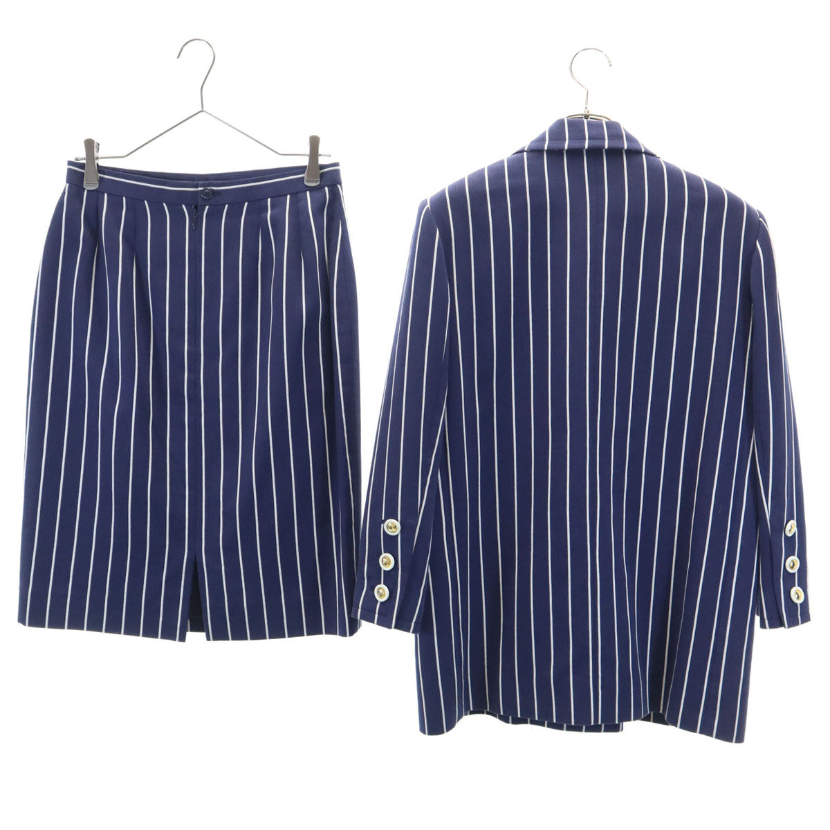 Givenchy ジバンシー 90s フランス製 オールド ストライプ柄 テーラードジャケット 上下 セットアップ 42 ブルー レディース