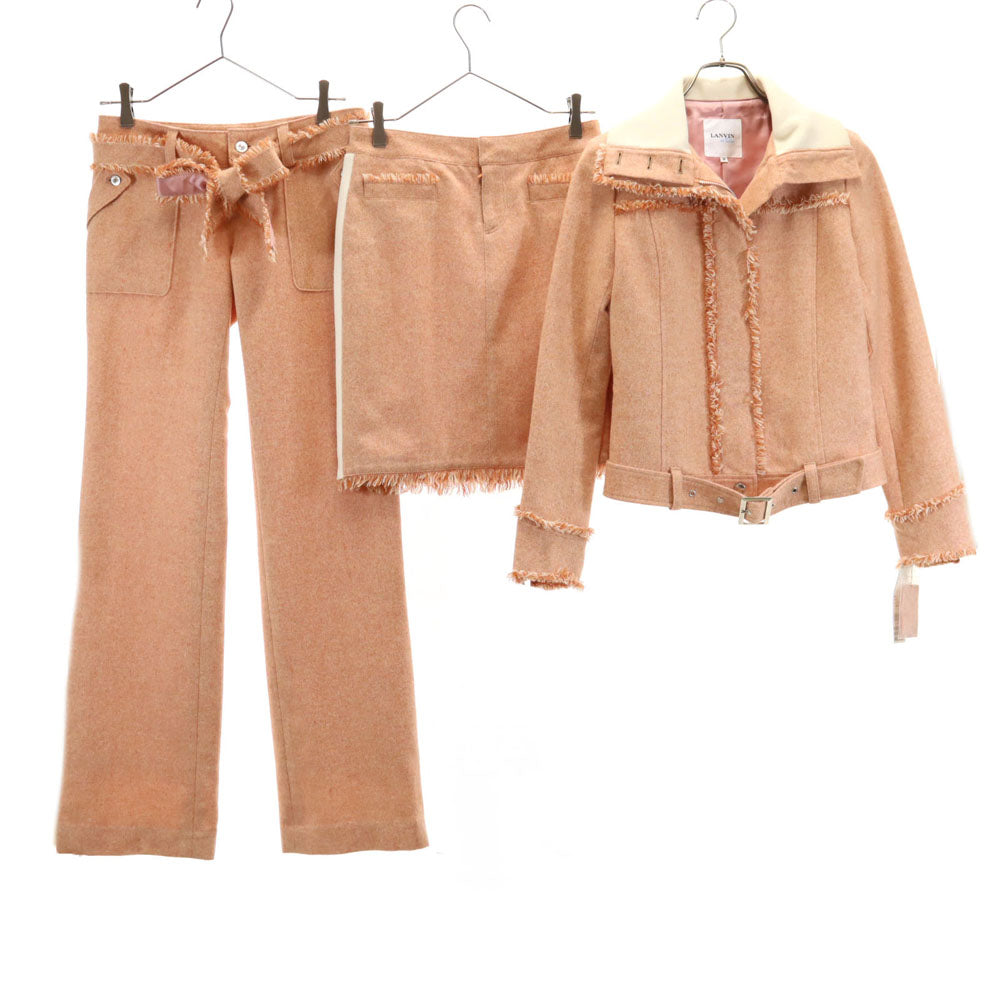 ランバンオンブルー 日本製 ウールブレンド ライダースジャケット 上下 セットアップ 38 サーモンピンク系 LANVIN en Bleu 3ピース レディース