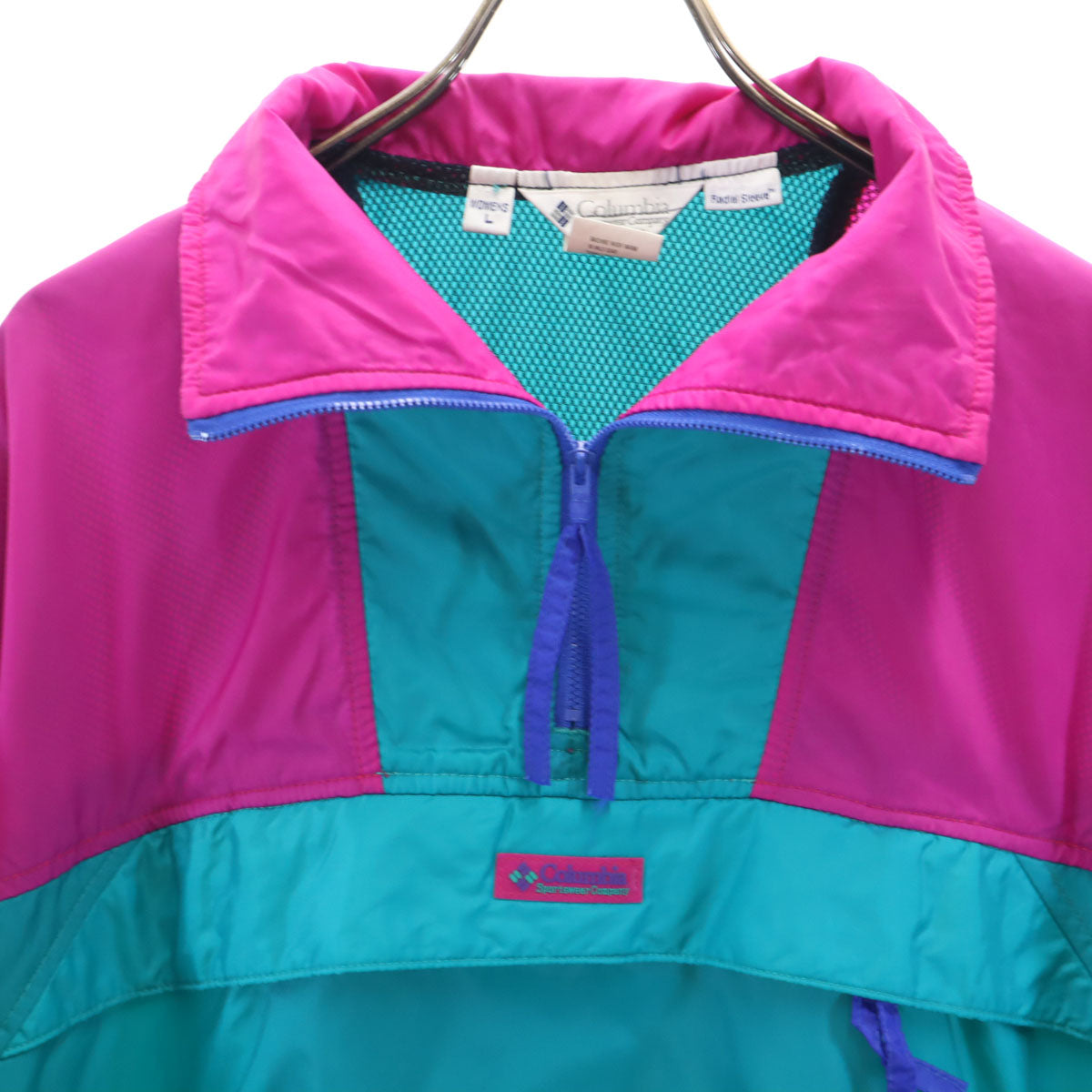 Columbia コロンビア 80s オールド ハーフジップ プルオーバー ナイロンジャケット L ターコイズ アノラック ポケッタブル アウトドア レディース