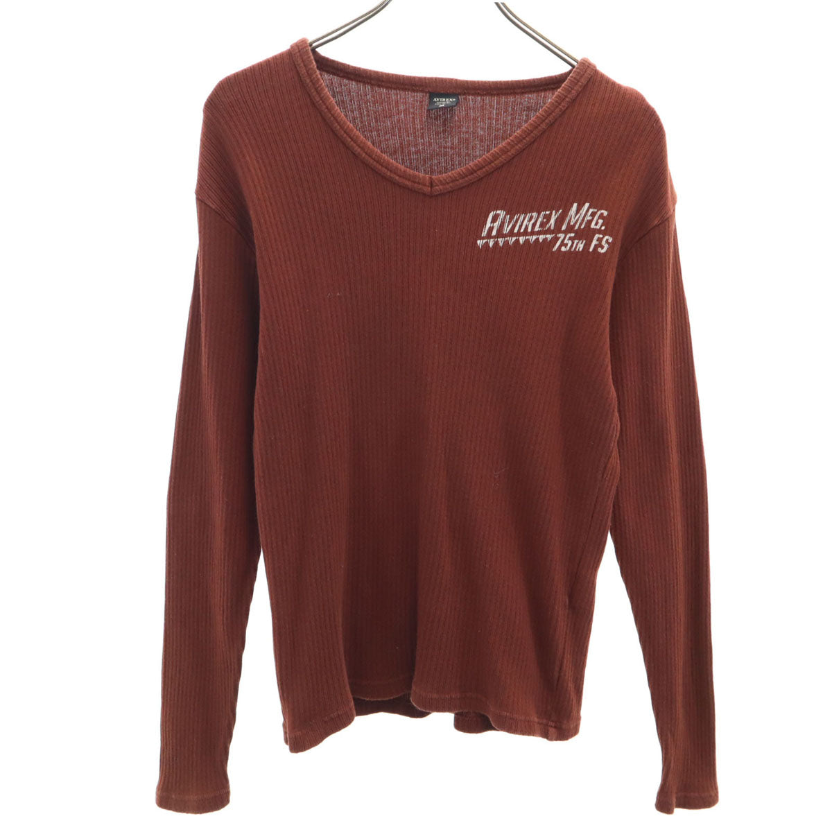 AVIREX アヴィレックス バックプリント 長袖 Vネック リブ Tシャツ M ブラウン系 ロンT メンズ