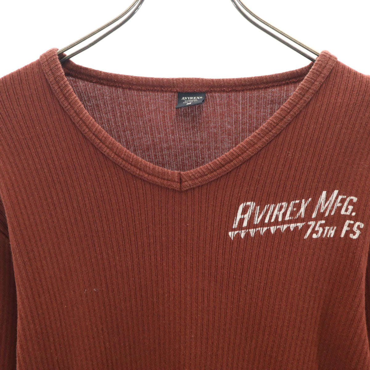 AVIREX アヴィレックス バックプリント 長袖 Vネック リブ Tシャツ M ブラウン系 ロンT メンズ