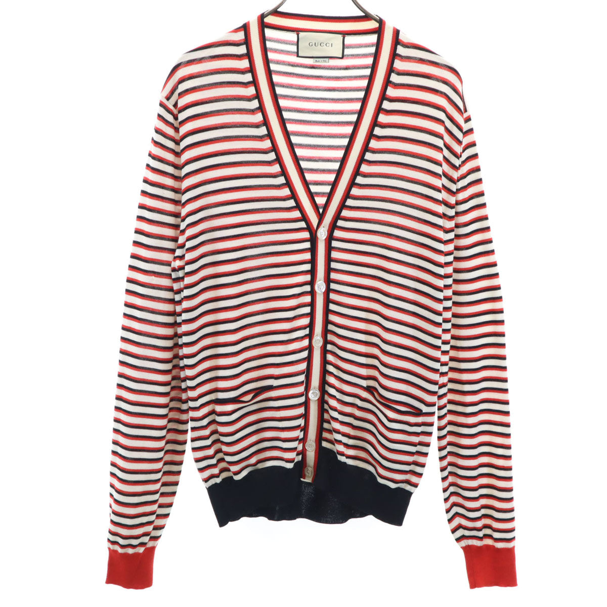 GUCCI グッチ イタリア製 ボーダー柄 長袖 Vネック カーディガン L レッド メンズ