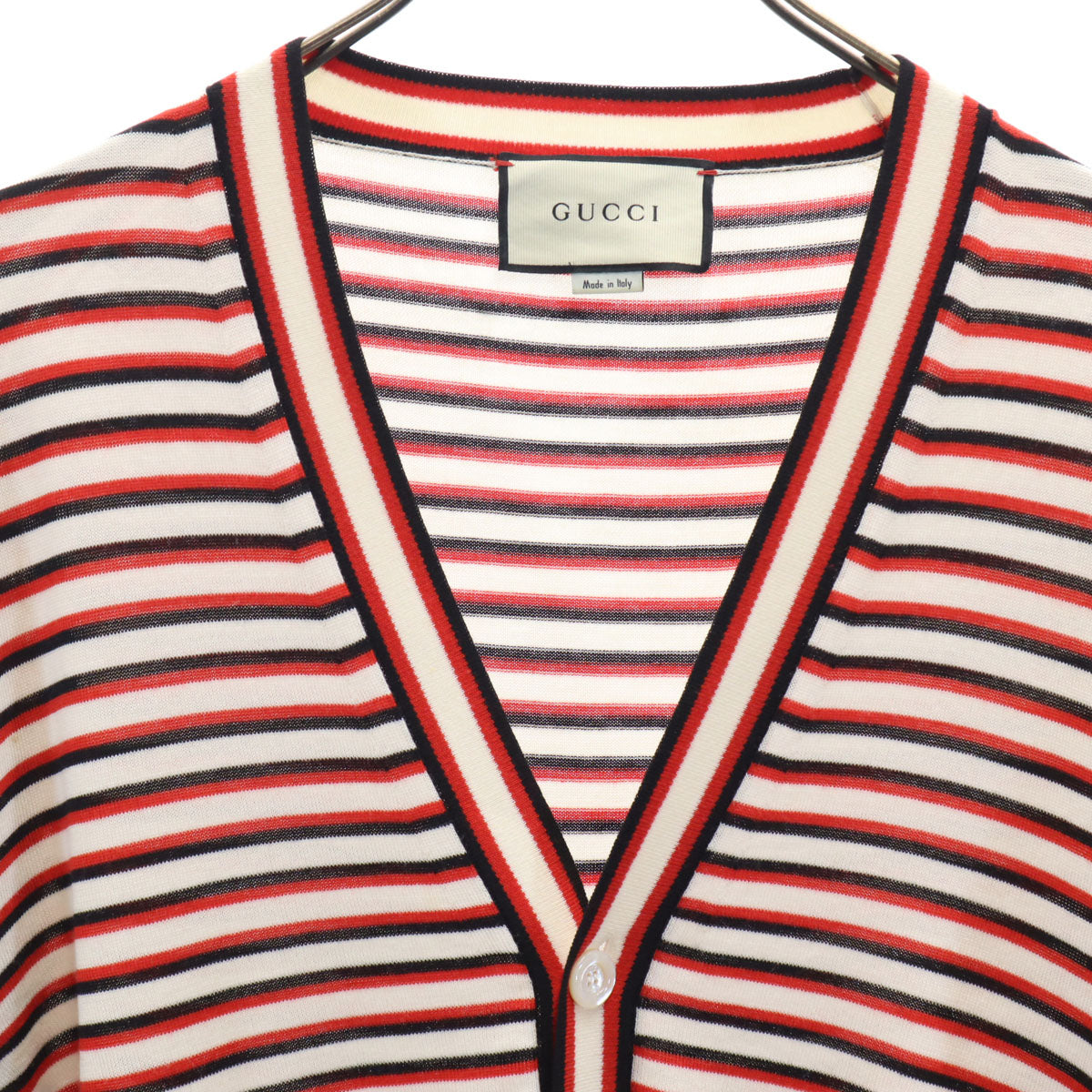 GUCCI グッチ イタリア製 ボーダー柄 長袖 Vネック カーディガン L レッド メンズ