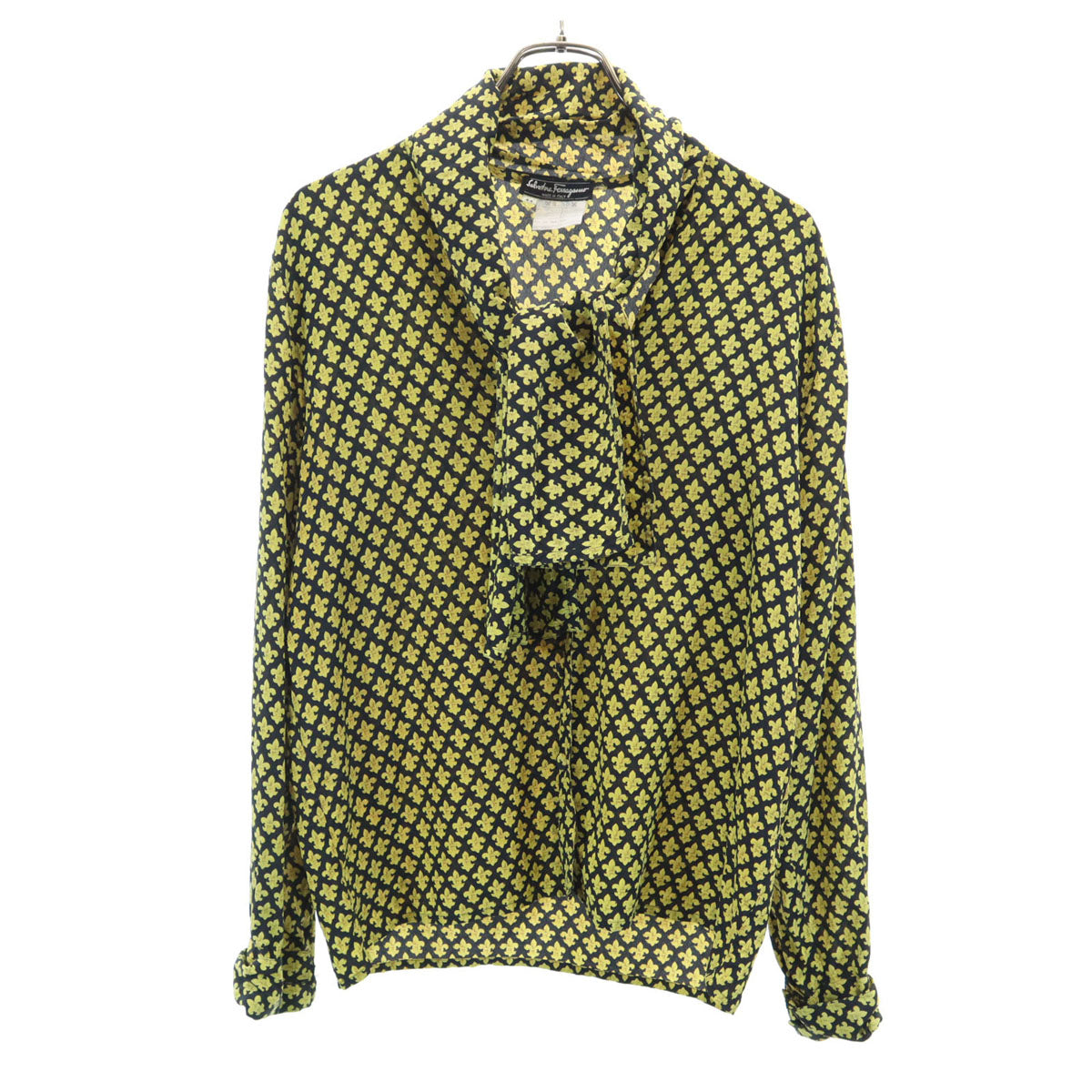 Salvatore Ferragamo サルヴァトーレフェラガモ イタリア製 シルク 総柄 長袖 シャツ 44 ブラック レディース