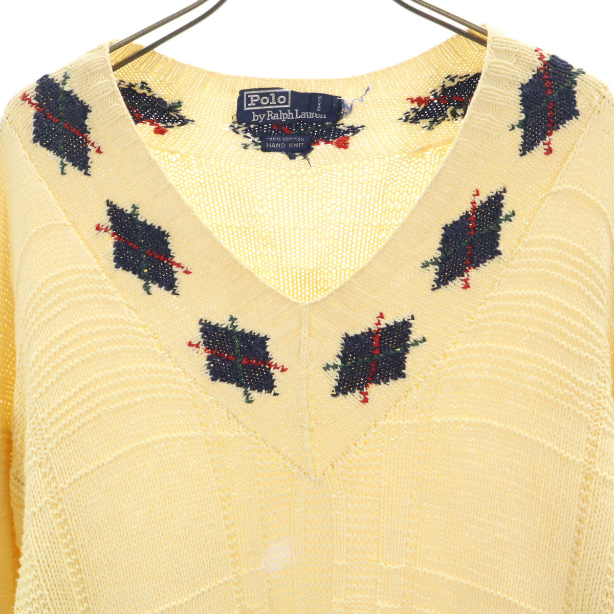 Polo by Ralph Lauren ポロバイラルフローレン 90s オールド ハンドニット アーガイル柄 長袖 Vネック ニット M イエロー メンズ