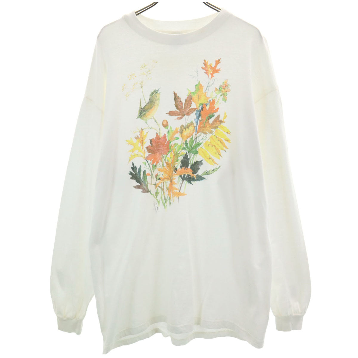 Hanes ヘインズ 90s オールド 染み込みプリント アニマル柄 花柄 長袖 Tシャツ L ホワイト メンズ