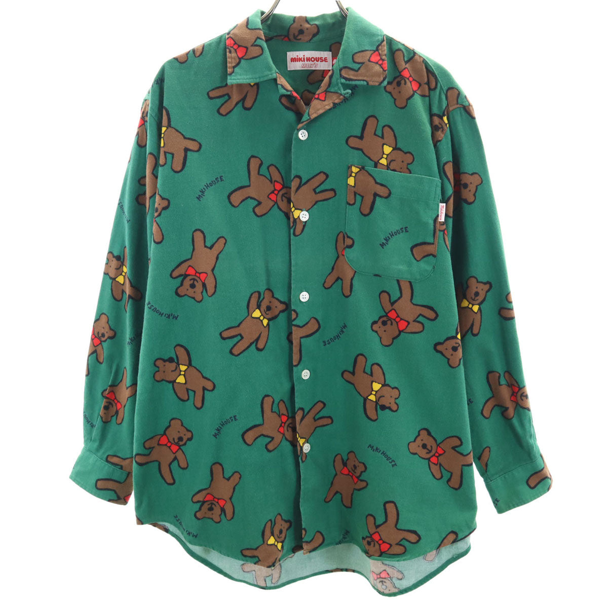 mikihouse ミキハウス 日本製 ベア柄 長袖 フランネル オープンカラーシャツ M グリーン クマ メンズ