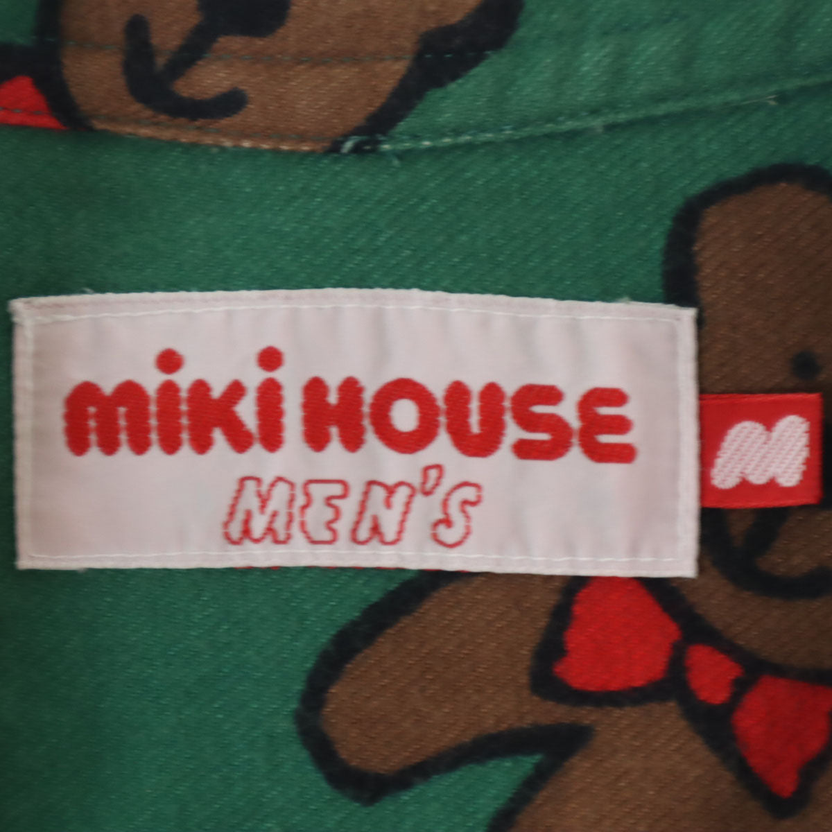 mikihouse ミキハウス 日本製 ベア柄 長袖 フランネル オープンカラーシャツ M グリーン クマ メンズ