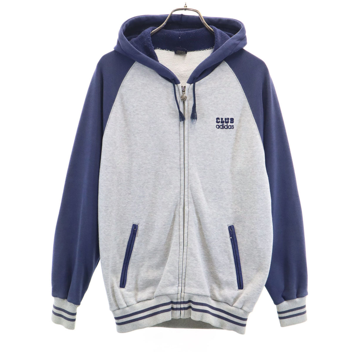 adidas アディダス 70s 80s ヴィンテージ デサント製 トレフォイルロゴ 長袖 ツートンカラー ラグラン ワンポイント刺繍 ジップパーカー L グレー メンズ