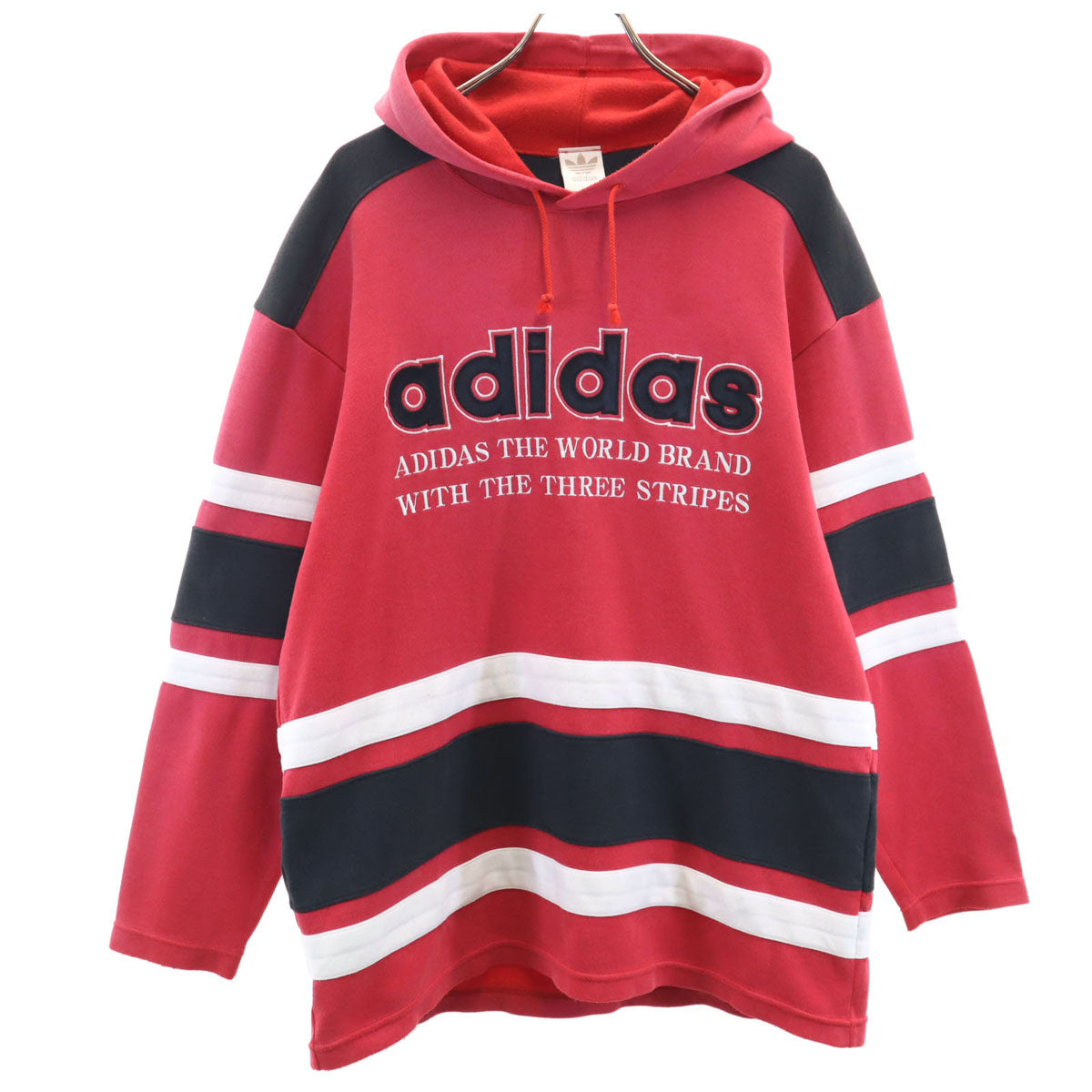 adidas アディダス 80s ヴィンテージ デサント製 トレフォイルロゴ ボーダー柄 長袖 パーカー M-L レッド メンズ