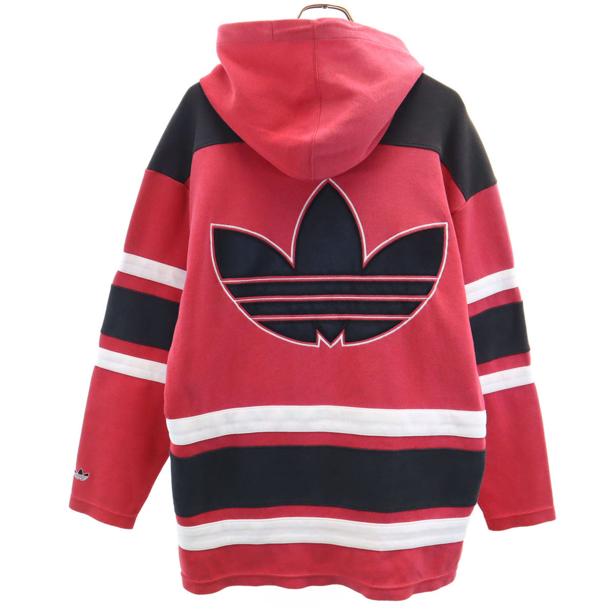 adidas アディダス 80s ヴィンテージ デサント製 トレフォイルロゴ ボーダー柄 長袖 パーカー M-L レッド メンズ