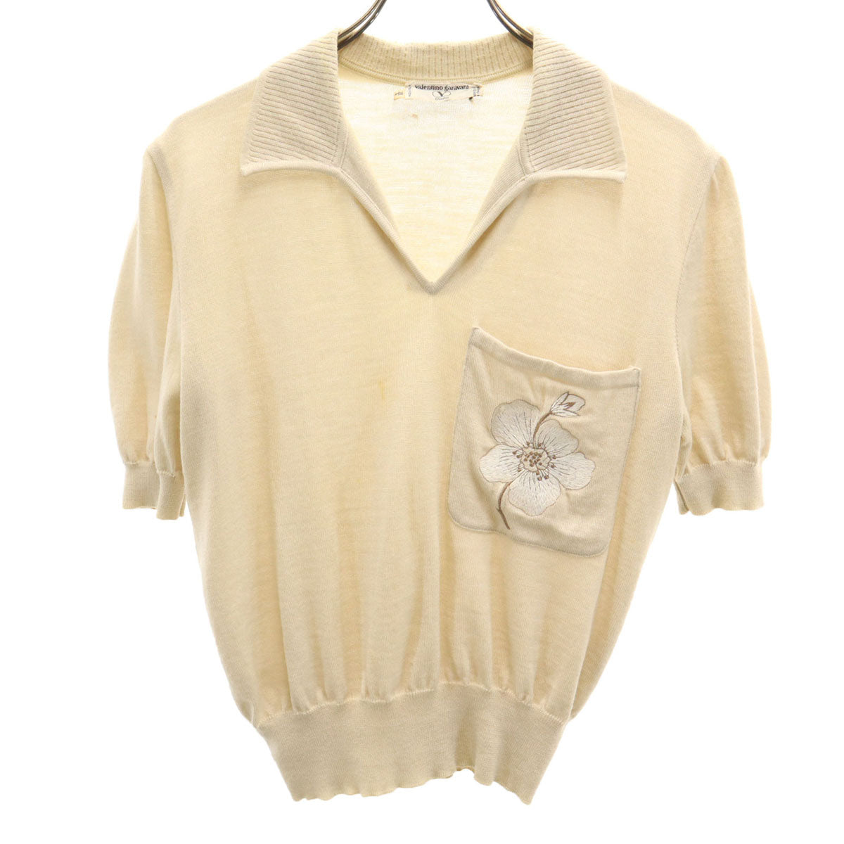 Valentino Garavani ヴァレンティノガラヴァーニ イタリア製 ウール100% 半袖 オープンカラー セーター 38/4 ベージュ系 ニット レディース