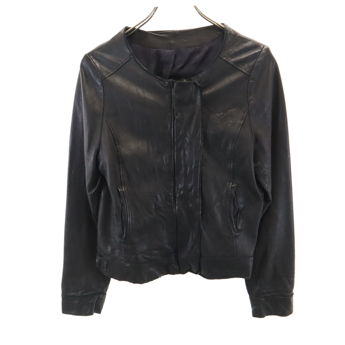 UNITED ARROWS ユナイテッドアローズ ノーカラー 羊革 レザージャケット 40 ブラック レディース