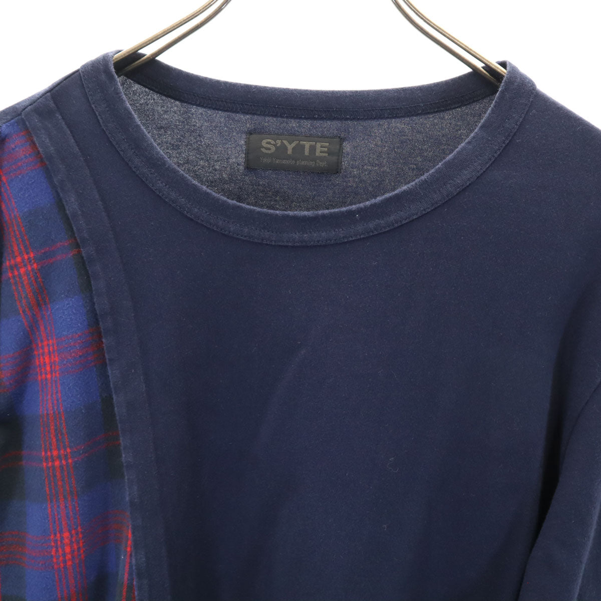 S'YTE サイト 08SS 日本製 チェック柄 長袖 アシンメトリー Tシャツ 3 ネイビー ヨウジヤマモト ロンT メンズ