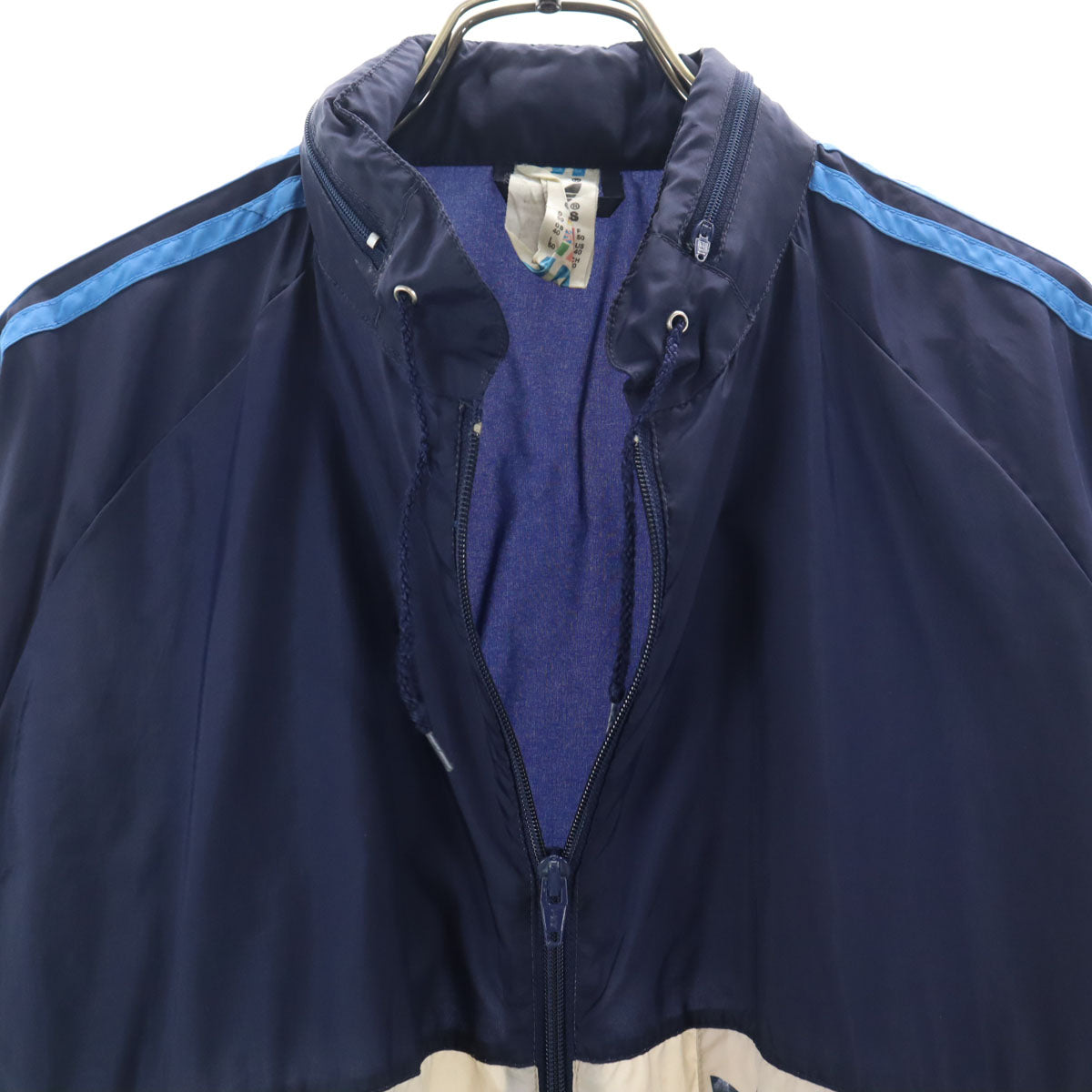 adidas アディダス 80s ヴィンテージ 万国旗タグ トレフォイルロゴ ナイロンジャケット 40 ネイビー フード付き メンズ