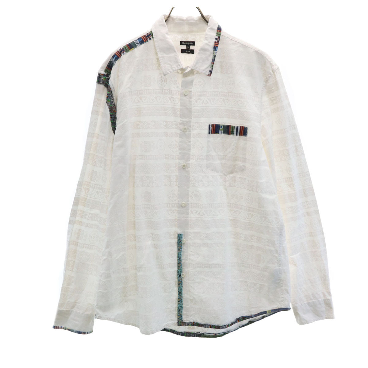 Desigual デジグアル 総柄 長袖 コットンシャツ XXL ホワイト メンズ