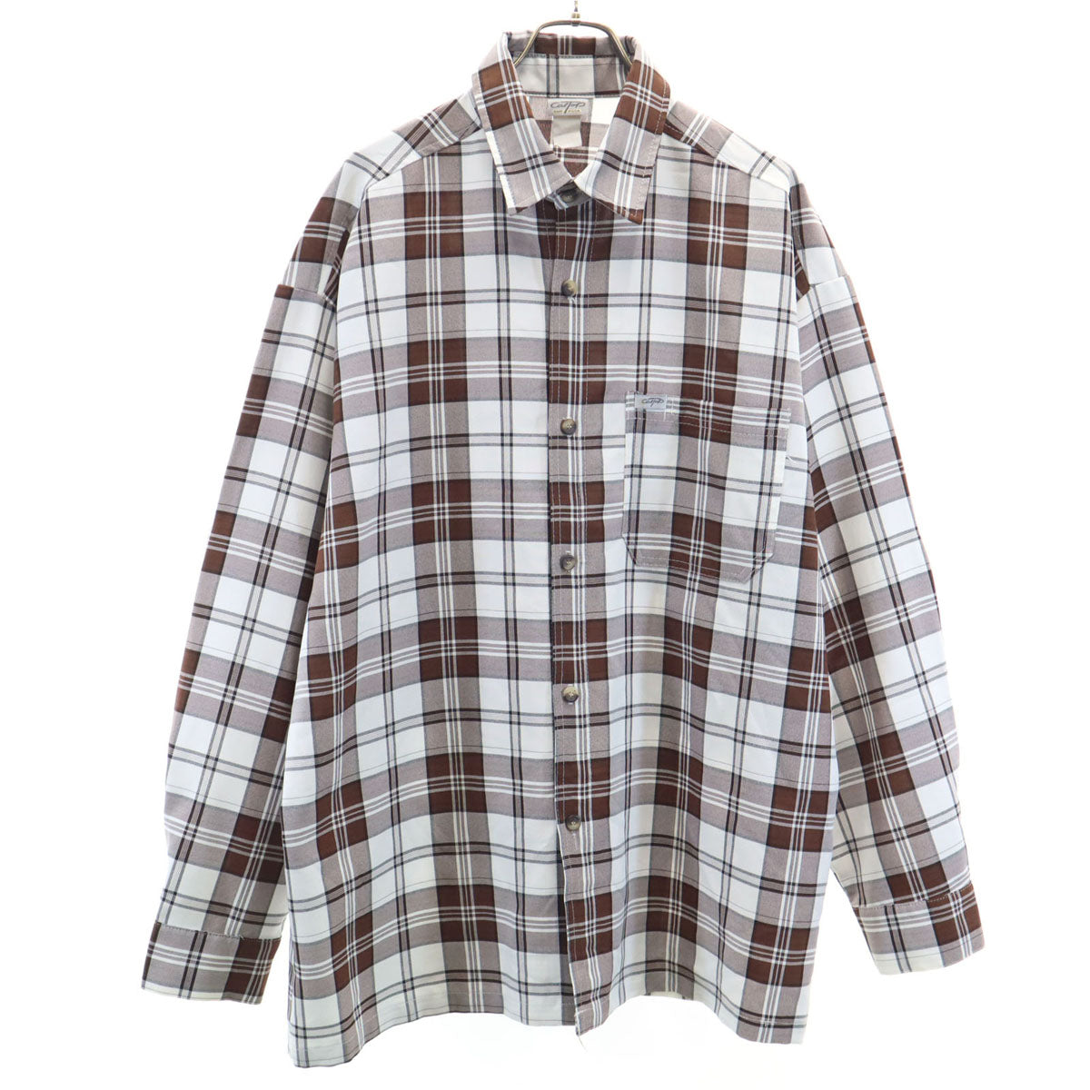 Cal top キャルトップ USA製 チェック柄 長袖 シャツ 白×ブラウン メンズ